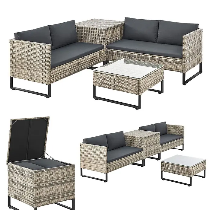 Juskys Loungemöbel-Set Santorini - 4 -tlg., Möbel: Stahl (pulverbeschichtet), Polyrattan, gehärtetes Glas; Polster/Kissen: 100 % Polyestergewebe, Farbe Möbel: Grau-meliertFarbe Polster/Kissen: GrauMax. Belastbarkeit je Bank: 320 kg, Grau - Rattan-Gartenmöbelset: zwei Sofas, Eckstauraum (eines offen), Glastisch, dunkelgraue Kissen, schwarze Beine.