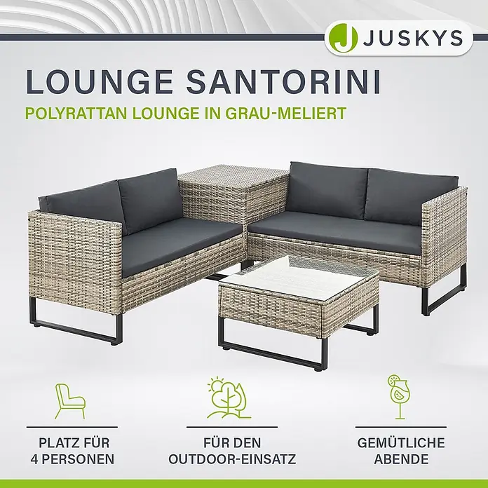 Juskys Loungemöbel-Set Santorini - 4 -tlg., Möbel: Stahl (pulverbeschichtet), Polyrattan, gehärtetes Glas; Polster/Kissen: 100 % Polyestergewebe, Farbe Möbel: Grau-meliertFarbe Polster/Kissen: GrauMax. Belastbarkeit je Bank: 320 kg, Grau - Polyrattan Lounge Santorini in Grau-Meliert: 4-Sitzer Gartenmöbel-Set mit 2 Sofas und Couchtisch für Outdoor-Einsatz.
