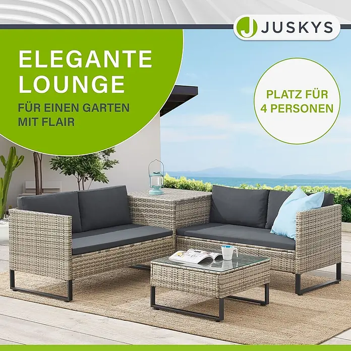 Juskys Loungemöbel-Set Santorini - 4 -tlg., Möbel: Stahl (pulverbeschichtet), Polyrattan, gehärtetes Glas; Polster/Kissen: 100 % Polyestergewebe, Farbe Möbel: Grau-meliertFarbe Polster/Kissen: GrauMax. Belastbarkeit je Bank: 320 kg, Grau - Helles Rattan-Gartenlounge-Set mit dunkelgrauen Kissen und Glastisch, bietet Platz für 4 Personen auf einer Terrasse.