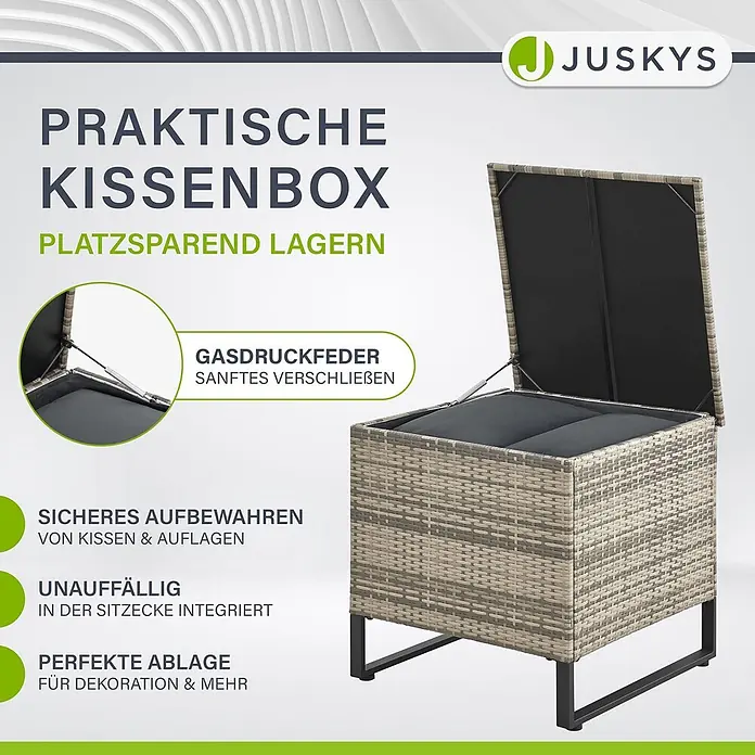 Juskys Loungemöbel-Set Santorini - 4 -tlg., Möbel: Stahl (pulverbeschichtet), Polyrattan, gehärtetes Glas; Polster/Kissen: 100 % Polyestergewebe, Farbe Möbel: Grau-meliertFarbe Polster/Kissen: GrauMax. Belastbarkeit je Bank: 320 kg, Grau - Grau-beige Rattan-Kissenbox mit offenem Deckel, Gasdruckfeder und schwarzem Innenfutter für sichere Aufbewahrung.