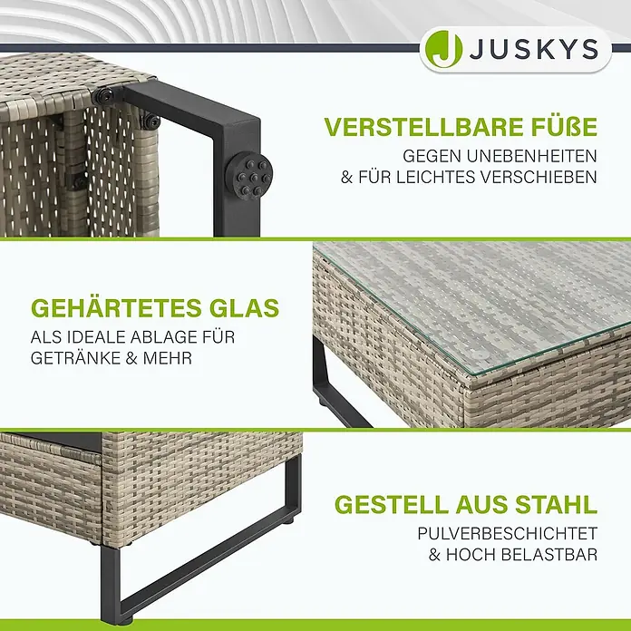 Juskys Loungemöbel-Set Santorini - 4 -tlg., Möbel: Stahl (pulverbeschichtet), Polyrattan, gehärtetes Glas; Polster/Kissen: 100 % Polyestergewebe, Farbe Möbel: Grau-meliertFarbe Polster/Kissen: GrauMax. Belastbarkeit je Bank: 320 kg, Grau - Outdoor-Tisch in Rattan-Optik (hellbraun) mit gehärteter Glasplatte, pulverbeschichtetem Stahlgestell und verstellbaren Füßen.
