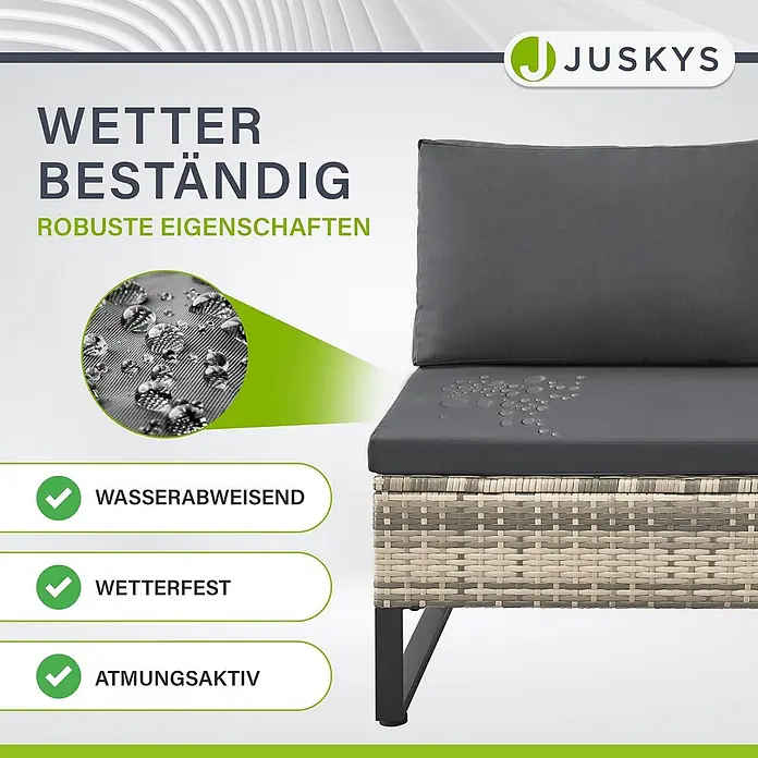 Juskys Loungemöbel-Set Santorini - 4 -tlg., Möbel: Stahl (pulverbeschichtet), Polyrattan, gehärtetes Glas; Polster/Kissen: 100 % Polyestergewebe, Farbe Möbel: Grau-meliertFarbe Polster/Kissen: GrauMax. Belastbarkeit je Bank: 320 kg, Grau - Graues, wetterbeständiges Outdoor-Kissen mit Wassertropfen auf einem Rattan-Gestell, das seine wasserabweisenden und atmungsaktiven Eigenschaften hervorhebt.