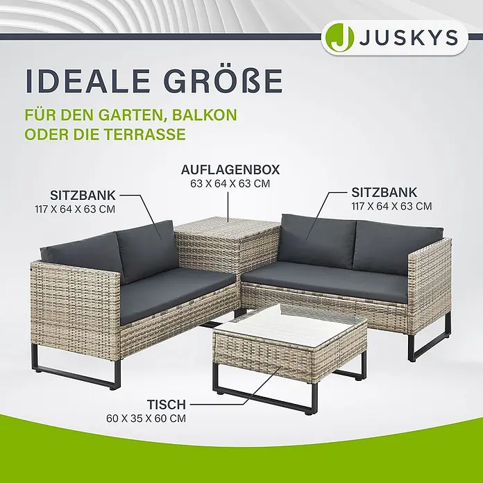 Juskys Loungemöbel-Set Santorini - 4 -tlg., Möbel: Stahl (pulverbeschichtet), Polyrattan, gehärtetes Glas; Polster/Kissen: 100 % Polyestergewebe, Farbe Möbel: Grau-meliertFarbe Polster/Kissen: GrauMax. Belastbarkeit je Bank: 320 kg, Grau - Gartenmöbel-Set aus beigem Rattan mit dunkelgrauen Kissen: zwei Sofas, ein Couchtisch und eine Auflagenbox.