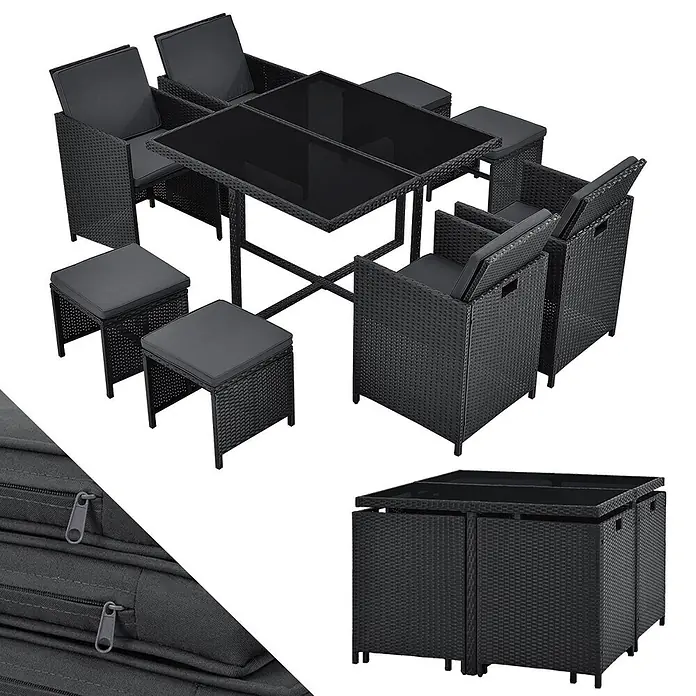 Juskys Loungemöbel-Set Baracoa - 9 -tlg., Kissen: Schaumstoff, Stoff; Geflecht: Polyrattan; Untergestell: Stahl; Tischplatte: Glas, Anzahl Personen: 8Farbe Polyrattan: SchwarzFarbe Stoff: DunkelgrauFarbe Glas: Schwarz getöntKissenbezüge: abnehmbar & waschbar, Schwarz - Schwarze Rattan-Gartengarnitur mit Glastisch, Stühlen und Hockern, aus- und zusammengeklappt gezeigt.