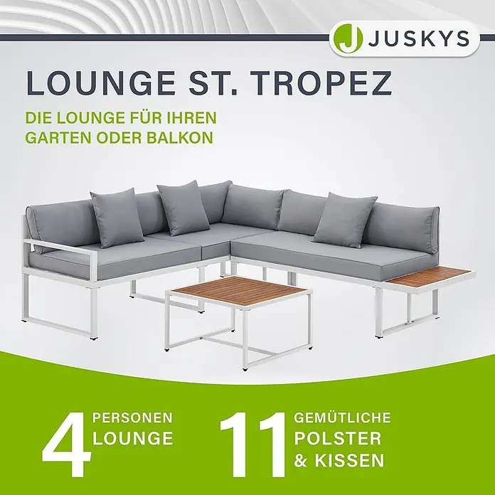 Juskys Loungemöbel-Set St. Tropez - 2 -tlg., Gestell: Stahl (pulverbeschichtet); Auflagefläche & Tischplatte: Holz (Akazienholz); Polster: Schaumstoff, Bezug aus Stoff (100 % Polyester) waschbar, Farbe Gestell: WeißFarbe Auflagefläche & Tischplatte: NaturFarbe Bezüge: HellgrauEinsatzbereich: Garten, Balkon, TerrasseAnzahl Sitzplätze: Für 4 PersonenMax. Belastbarkeit: 2-Sitzer: 320 kg; 3-Sitzer: 480 kgAnzahl Kissen: 6 Rückenkissen, 2 Sitzkissen, 3 Dekokissen, weiß - Weißes Gartenlounge-Set mit grauen Polstern, L-Sofa und Couchtisch für Garten oder Balkon.