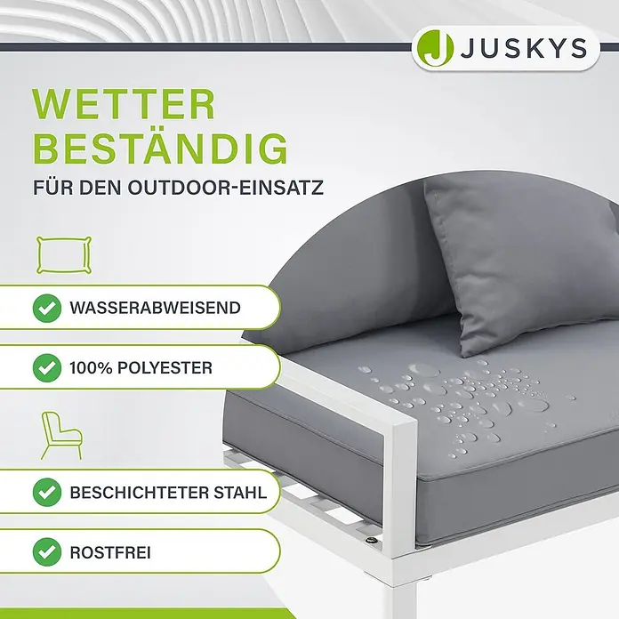 Juskys Loungemöbel-Set St. Tropez - 2 -tlg., Gestell: Stahl (pulverbeschichtet); Auflagefläche & Tischplatte: Holz (Akazienholz); Polster: Schaumstoff, Bezug aus Stoff (100 % Polyester) waschbar, Farbe Gestell: WeißFarbe Auflagefläche & Tischplatte: NaturFarbe Bezüge: HellgrauEinsatzbereich: Garten, Balkon, TerrasseAnzahl Sitzplätze: Für 4 PersonenMax. Belastbarkeit: 2-Sitzer: 320 kg; 3-Sitzer: 480 kgAnzahl Kissen: 6 Rückenkissen, 2 Sitzkissen, 3 Dekokissen, weiß - Graues wetterbeständiges Outdoor-Sofa mit wasserabweisendem Polyesterpolster und beschichtetem Stahlgestell.