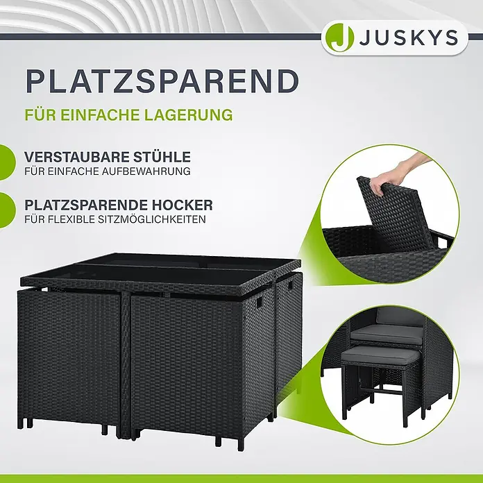 Juskys Loungemöbel-Set Baracoa - 9 -tlg., Kissen: Schaumstoff, Stoff; Geflecht: Polyrattan; Untergestell: Stahl; Tischplatte: Glas, Anzahl Personen: 8Farbe Polyrattan: SchwarzFarbe Stoff: DunkelgrauFarbe Glas: Schwarz getöntKissenbezüge: abnehmbar & waschbar, Schwarz - Dunkles Rattan-Gartenmöbelset mit platzsparendem Tisch, verstaubaren Stühlen und Hockern.