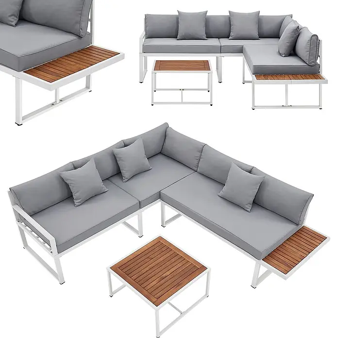 Juskys Loungemöbel-Set St. Tropez - 2 -tlg., Gestell: Stahl (pulverbeschichtet); Auflagefläche & Tischplatte: Holz (Akazienholz); Polster: Schaumstoff, Bezug aus Stoff (100 % Polyester) waschbar, Farbe Gestell: WeißFarbe Auflagefläche & Tischplatte: NaturFarbe Bezüge: HellgrauEinsatzbereich: Garten, Balkon, TerrasseAnzahl Sitzplätze: Für 4 PersonenMax. Belastbarkeit: 2-Sitzer: 320 kg; 3-Sitzer: 480 kgAnzahl Kissen: 6 Rückenkissen, 2 Sitzkissen, 3 Dekokissen, weiß - Modulares weißes Outdoor-Sofa mit grauen Kissen und Beistelltischen/Couchtisch aus Holzlatten.