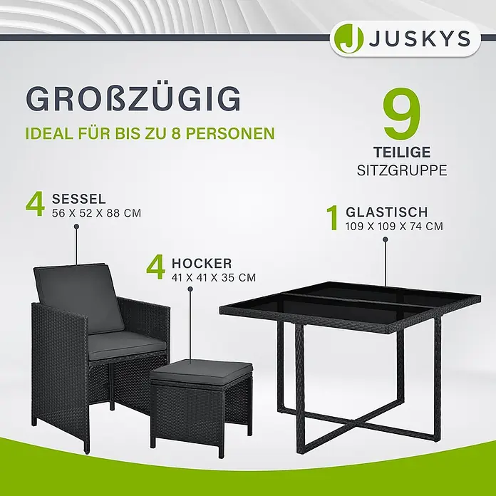 Juskys Loungemöbel-Set Baracoa - 9 -tlg., Kissen: Schaumstoff, Stoff; Geflecht: Polyrattan; Untergestell: Stahl; Tischplatte: Glas, Anzahl Personen: 8Farbe Polyrattan: SchwarzFarbe Stoff: DunkelgrauFarbe Glas: Schwarz getöntKissenbezüge: abnehmbar & waschbar, Schwarz - Dunkelgraue Rattan-Gartenmöbelgarnitur mit Glastisch, Sesseln und Hockern.