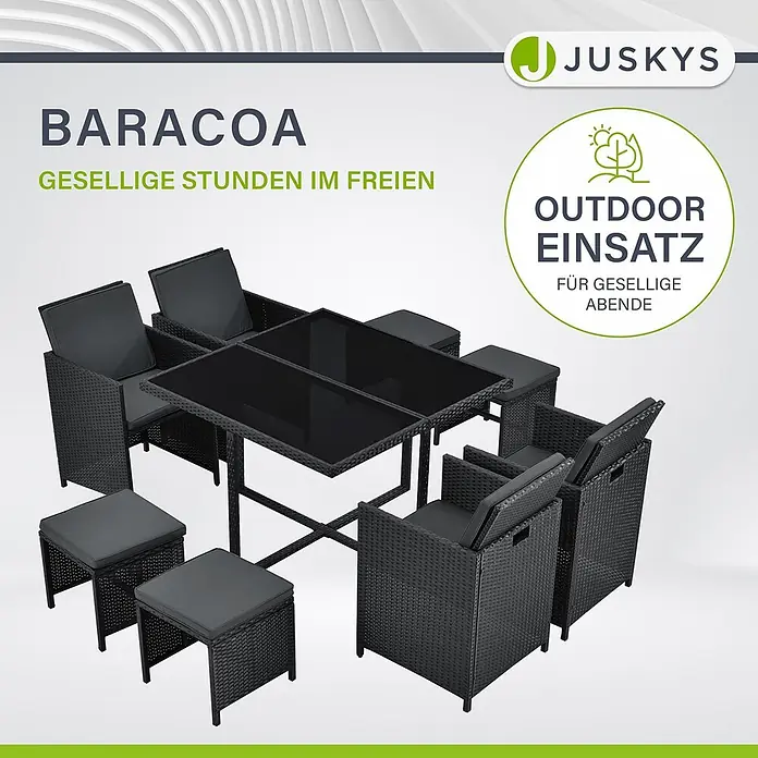 Juskys Loungemöbel-Set Baracoa - 9 -tlg., Kissen: Schaumstoff, Stoff; Geflecht: Polyrattan; Untergestell: Stahl; Tischplatte: Glas, Anzahl Personen: 8Farbe Polyrattan: SchwarzFarbe Stoff: DunkelgrauFarbe Glas: Schwarz getöntKissenbezüge: abnehmbar & waschbar, Schwarz - Dunkelgraue Rattan-Gartengarnitur mit Glastisch, sechs Stühlen und vier Hockern für gesellige Abende im Freien.