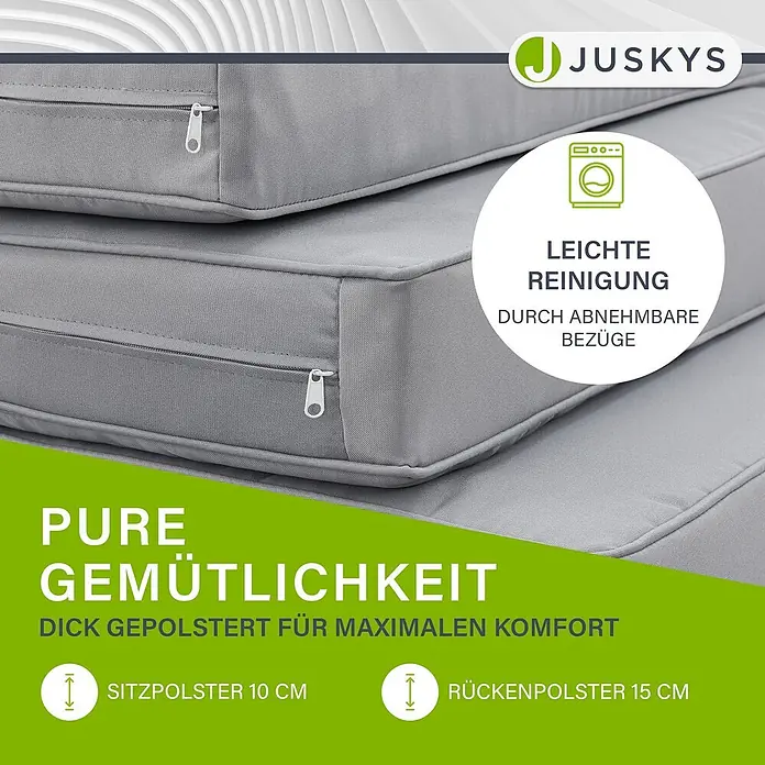 Juskys Loungemöbel-Set St. Tropez - 2 -tlg., Gestell: Stahl (pulverbeschichtet); Auflagefläche & Tischplatte: Holz (Akazienholz); Polster: Schaumstoff, Bezug aus Stoff (100 % Polyester) waschbar, Farbe Gestell: WeißFarbe Auflagefläche & Tischplatte: NaturFarbe Bezüge: HellgrauEinsatzbereich: Garten, Balkon, TerrasseAnzahl Sitzplätze: Für 4 PersonenMax. Belastbarkeit: 2-Sitzer: 320 kg; 3-Sitzer: 480 kgAnzahl Kissen: 6 Rückenkissen, 2 Sitzkissen, 3 Dekokissen, weiß - Zwei dick gepolsterte graue Kissen mit abnehmbaren Bezügen zur einfachen Reinigung, mit 10 cm Sitz- und 15 cm Rückenpolsterung.