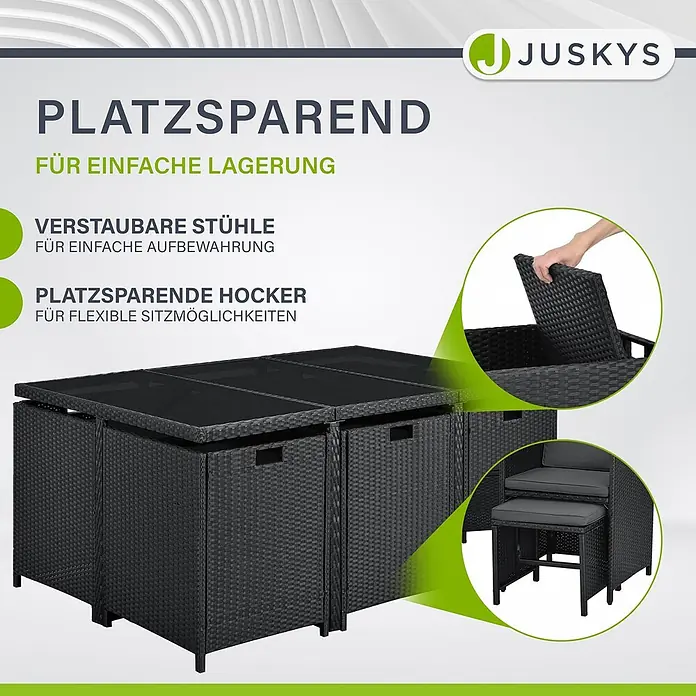 Juskys Loungemöbel-Set Baracoa - 11 -tlg., Kissen: Schaumstoff, Stoff; Geflecht: Polyrattan; Untergestell: Stahl; Tischplatte: Glas, Anzahl Personen: 10Farbe Polyrattan: SchwarzFarbe Stoff: DunkelgrauFarbe Glas: Schwarz getöntKissenbezüge: abnehmbar & waschbar, Schwarz - Schwarzes Rattan-Essgruppe, platzsparend, Stühle und Hocker unter den Tisch geschoben.