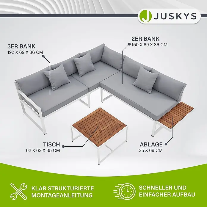 Juskys Loungemöbel-Set St. Tropez - 2 -tlg., Gestell: Stahl (pulverbeschichtet); Auflagefläche & Tischplatte: Holz (Akazienholz); Polster: Schaumstoff, Bezug aus Stoff (100 % Polyester) waschbar, Farbe Gestell: WeißFarbe Auflagefläche & Tischplatte: NaturFarbe Bezüge: HellgrauEinsatzbereich: Garten, Balkon, TerrasseAnzahl Sitzplätze: Für 4 PersonenMax. Belastbarkeit: 2-Sitzer: 320 kg; 3-Sitzer: 480 kgAnzahl Kissen: 6 Rückenkissen, 2 Sitzkissen, 3 Dekokissen, weiß - L-förmige Outdoor-Lounge-Sitzgruppe mit weißem Gestell, grauen Kissen, Couchtisch und integrierter Ablage mit Holzplatte.