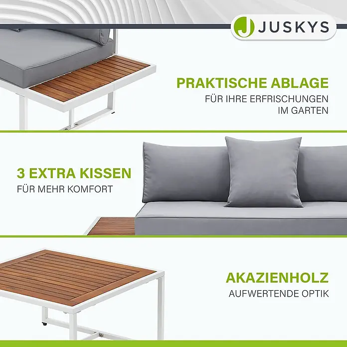 Juskys Loungemöbel-Set St. Tropez - 2 -tlg., Gestell: Stahl (pulverbeschichtet); Auflagefläche & Tischplatte: Holz (Akazienholz); Polster: Schaumstoff, Bezug aus Stoff (100 % Polyester) waschbar, Farbe Gestell: WeißFarbe Auflagefläche & Tischplatte: NaturFarbe Bezüge: HellgrauEinsatzbereich: Garten, Balkon, TerrasseAnzahl Sitzplätze: Für 4 PersonenMax. Belastbarkeit: 2-Sitzer: 320 kg; 3-Sitzer: 480 kgAnzahl Kissen: 6 Rückenkissen, 2 Sitzkissen, 3 Dekokissen, weiß - Gartenlounge-Set mit grauen Kissen und Akazienholz-Elementen, mit praktischer Ablage und zusätzlichen Kissen für Komfort.
