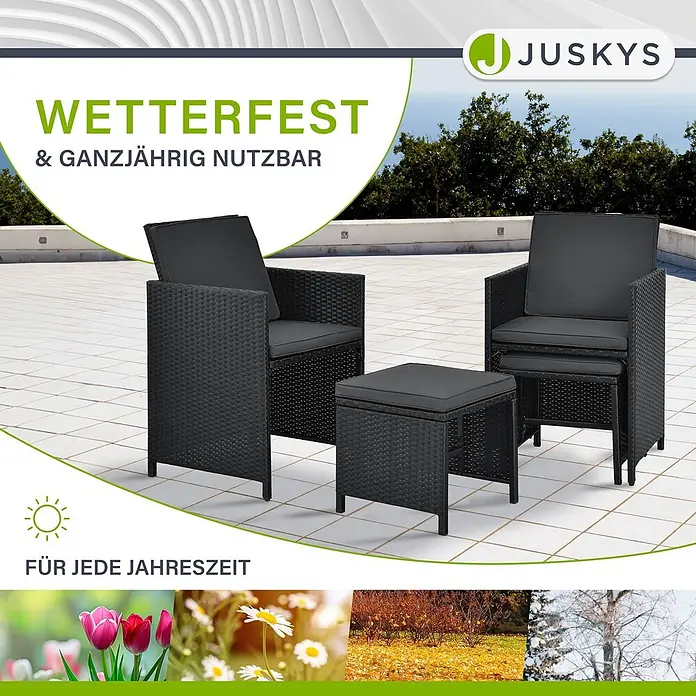 Juskys Loungemöbel-Set Baracoa - 11 -tlg., Kissen: Schaumstoff, Stoff; Geflecht: Polyrattan; Untergestell: Stahl; Tischplatte: Glas, Anzahl Personen: 10Farbe Polyrattan: SchwarzFarbe Stoff: DunkelgrauFarbe Glas: Schwarz getöntKissenbezüge: abnehmbar & waschbar, Schwarz - Schwarzes Rattan-Gartenmöbelset mit grauen Kissen, bestehend aus zwei Sesseln und einem Tisch, wetterfest für den ganzjährigen Einsatz auf der Terrasse.