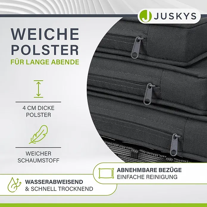 Juskys Loungemöbel-Set Baracoa - 11 -tlg., Kissen: Schaumstoff, Stoff; Geflecht: Polyrattan; Untergestell: Stahl; Tischplatte: Glas, Anzahl Personen: 10Farbe Polyrattan: SchwarzFarbe Stoff: DunkelgrauFarbe Glas: Schwarz getöntKissenbezüge: abnehmbar & waschbar, Schwarz - Dunkelgraue, 4 cm dicke Outdoor-Kissen mit weichem Schaumstoff, wasserabweisendem, schnell trocknendem Stoff und abnehmbaren Bezügen.