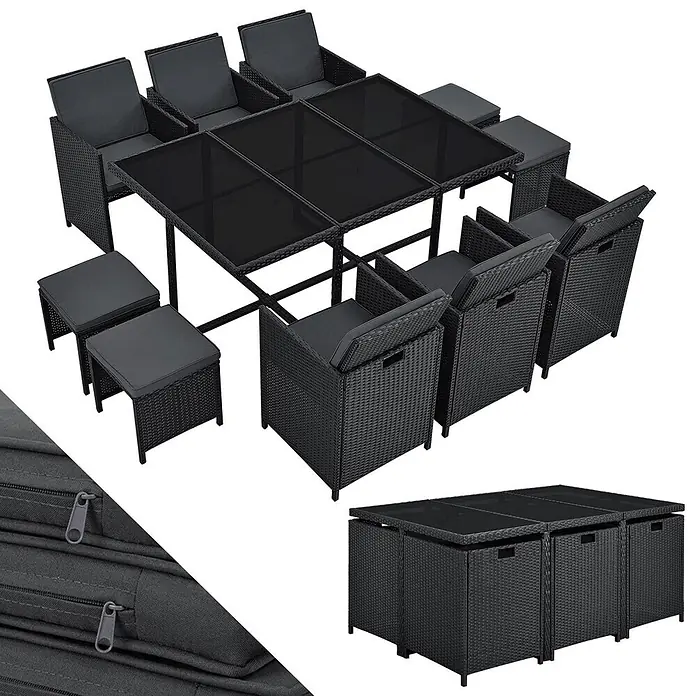 Juskys Loungemöbel-Set Baracoa - 11 -tlg., Kissen: Schaumstoff, Stoff; Geflecht: Polyrattan; Untergestell: Stahl; Tischplatte: Glas, Anzahl Personen: 10Farbe Polyrattan: SchwarzFarbe Stoff: DunkelgrauFarbe Glas: Schwarz getöntKissenbezüge: abnehmbar & waschbar, Schwarz - Schwarzes Rattan-Essgruppe für den Außenbereich mit Glastisch, 8 Stühlen und 4 Hockern zur kompakten Aufbewahrung.