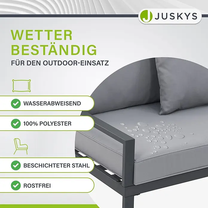 Juskys Loungemöbel-Set St. Tropez - 2 -tlg., Gestell: Stahl (pulverbeschichtet); Auflagefläche & Tischplatte: Holz (Akazienholz); Polster: Schaumstoff, Bezug aus Stoff (100 % Polyester) waschbar, Farbe Gestell: DunkelgrauFarbe Auflagefläche & Tischplatte: NaturFarbe Bezüge: HellgrauEinsatzbereich: Garten, Balkon, TerrasseAnzahl Sitzplätze: Für 4 PersonenMax. Belastbarkeit: 2-Sitzer: 320 kg; 3-Sitzer: 480 kgAnzahl Kissen: 6 Rückenkissen, 2 Sitzkissen, 3 Dekokissen, grau - Graues Outdoor-Loungesofa mit wasserabweisenden Polyesterkissen und rostfreiem beschichtetem Stahlrahmen, wetterbeständig.