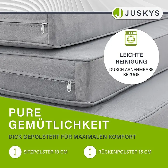 Juskys Loungemöbel-Set St. Tropez - 2 -tlg., Gestell: Stahl (pulverbeschichtet); Auflagefläche & Tischplatte: Holz (Akazienholz); Polster: Schaumstoff, Bezug aus Stoff (100 % Polyester) waschbar, Farbe Gestell: DunkelgrauFarbe Auflagefläche & Tischplatte: NaturFarbe Bezüge: HellgrauEinsatzbereich: Garten, Balkon, TerrasseAnzahl Sitzplätze: Für 4 PersonenMax. Belastbarkeit: 2-Sitzer: 320 kg; 3-Sitzer: 480 kgAnzahl Kissen: 6 Rückenkissen, 2 Sitzkissen, 3 Dekokissen, grau - Dicke graue Polster mit sichtbaren Reißverschlüssen und abnehmbaren Bezügen für leichte Reinigung und maximalen Komfort.
