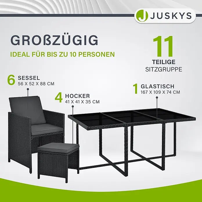 Juskys Loungemöbel-Set Baracoa - 11 -tlg., Kissen: Schaumstoff, Stoff; Geflecht: Polyrattan; Untergestell: Stahl; Tischplatte: Glas, Anzahl Personen: 10Farbe Polyrattan: SchwarzFarbe Stoff: DunkelgrauFarbe Glas: Schwarz getöntKissenbezüge: abnehmbar & waschbar, Schwarz - Dunkelgraue 11-teilige Rattan-Gartensitzgruppe mit 6 Sesseln, 4 Hockern und Glastisch für bis zu 10 Personen.