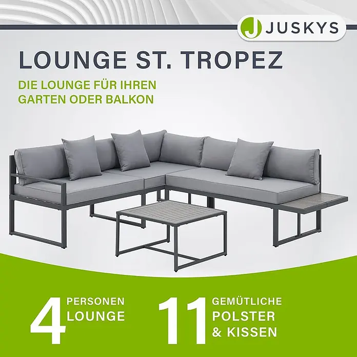 Juskys Loungemöbel-Set St. Tropez - 2 -tlg., Gestell: Stahl (pulverbeschichtet); Auflagefläche & Tischplatte: Holz (Akazienholz); Polster: Schaumstoff, Bezug aus Stoff (100 % Polyester) waschbar, Farbe Gestell: DunkelgrauFarbe Auflagefläche & Tischplatte: NaturFarbe Bezüge: HellgrauEinsatzbereich: Garten, Balkon, TerrasseAnzahl Sitzplätze: Für 4 PersonenMax. Belastbarkeit: 2-Sitzer: 320 kg; 3-Sitzer: 480 kgAnzahl Kissen: 6 Rückenkissen, 2 Sitzkissen, 3 Dekokissen, grau - Graue 4-Personen-Outdoor-Lounge mit Ecksofa, Couchtisch und bequemen Kissen für Garten oder Balkon.