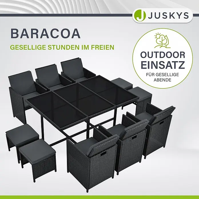 Juskys Loungemöbel-Set Baracoa - 11 -tlg., Kissen: Schaumstoff, Stoff; Geflecht: Polyrattan; Untergestell: Stahl; Tischplatte: Glas, Anzahl Personen: 10Farbe Polyrattan: SchwarzFarbe Stoff: DunkelgrauFarbe Glas: Schwarz getöntKissenbezüge: abnehmbar & waschbar, Schwarz - Schwarze Polyrattan Gartenmöbelgruppe mit großem Tisch, Stühlen und Hockern für draußen.