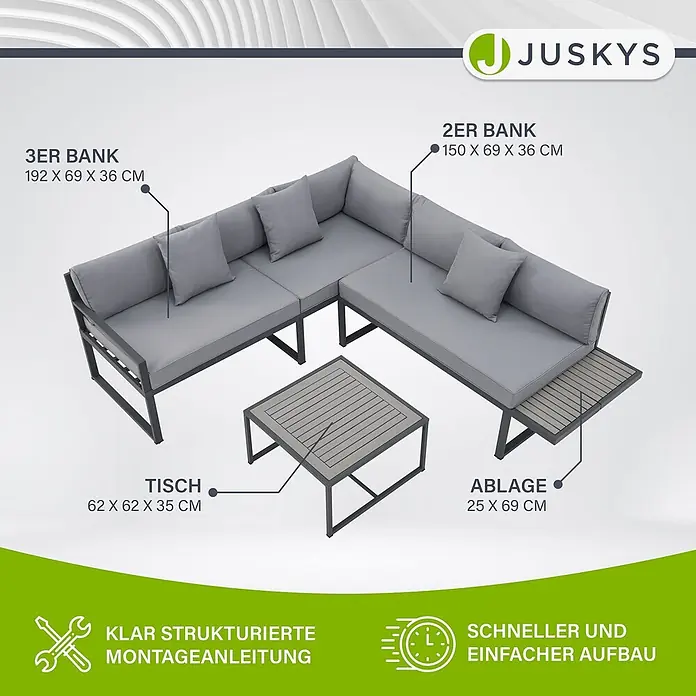 Juskys Loungemöbel-Set St. Tropez - 2 -tlg., Gestell: Stahl (pulverbeschichtet); Auflagefläche & Tischplatte: Holz (Akazienholz); Polster: Schaumstoff, Bezug aus Stoff (100 % Polyester) waschbar, Farbe Gestell: DunkelgrauFarbe Auflagefläche & Tischplatte: NaturFarbe Bezüge: HellgrauEinsatzbereich: Garten, Balkon, TerrasseAnzahl Sitzplätze: Für 4 PersonenMax. Belastbarkeit: 2-Sitzer: 320 kg; 3-Sitzer: 480 kgAnzahl Kissen: 6 Rückenkissen, 2 Sitzkissen, 3 Dekokissen, grau - Graue Outdoor-Loungegruppe mit Kissen und Couchtisch, die Maße der modularen Komponenten zeigt.