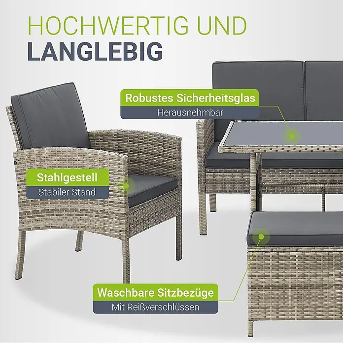 Juskys Loungemöbel-Set Turin - 6 -tlg., Geflecht: Polyrattan; Tischplatte: Gehärtetes Glas; Gestell: Stahl; Bezüge: 100 % Polyester; Polster: 80 % Schaumstoff, 20 % Weichfasern, Farbe Sitzgarnitur: Dunkelgrau; Bezüge: Hellgrau; Glas: SchwarzAnzahl Sitzplätze: 7Belastbarkeit: 480 kg Bank; 160 kg je Stuhl & HockerKissenbezüge: Abnehmbar & waschbar, Grau - Helles Rattan-Gartenmöbelset mit dunkelgrauen Kissen und einem Tisch mit robuster Glasplatte.