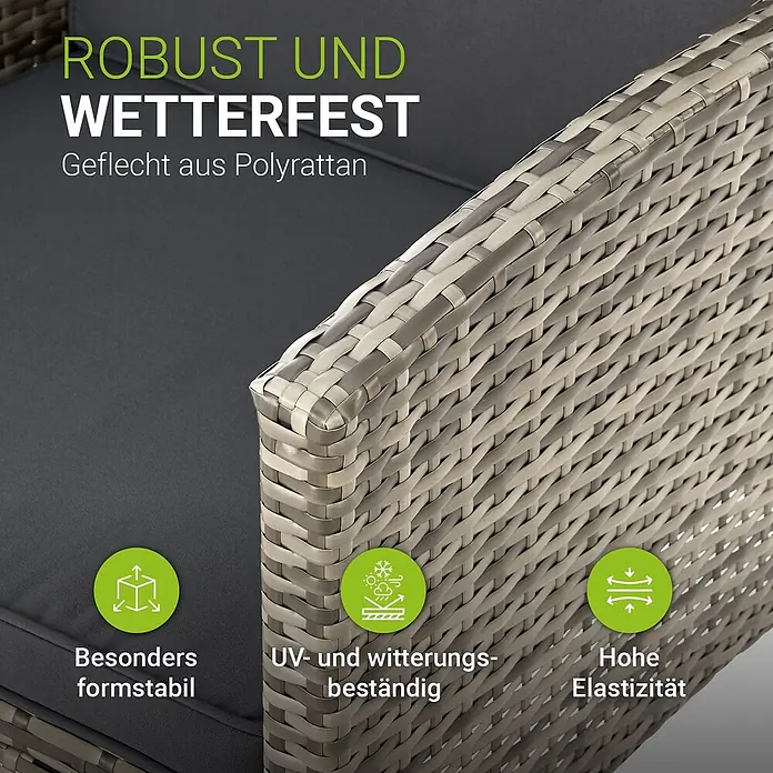 Juskys Loungemöbel-Set Turin - 6 -tlg., Geflecht: Polyrattan; Tischplatte: Gehärtetes Glas; Gestell: Stahl; Bezüge: 100 % Polyester; Polster: 80 % Schaumstoff, 20 % Weichfasern, Farbe Sitzgarnitur: Dunkelgrau; Bezüge: Hellgrau; Glas: SchwarzAnzahl Sitzplätze: 7Belastbarkeit: 480 kg Bank; 160 kg je Stuhl & HockerKissenbezüge: Abnehmbar & waschbar, Grau - Graues Polyrattan-Geflechtmöbel mit dunklen Kissen, robust und wetterfest für den Außenbereich.