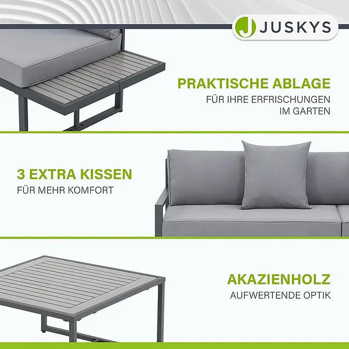 Juskys Loungemöbel-Set St. Tropez - 2 -tlg., Gestell: Stahl (pulverbeschichtet); Auflagefläche & Tischplatte: Holz (Akazienholz); Polster: Schaumstoff, Bezug aus Stoff (100 % Polyester) waschbar, Farbe Gestell: DunkelgrauFarbe Auflagefläche & Tischplatte: NaturFarbe Bezüge: HellgrauEinsatzbereich: Garten, Balkon, TerrasseAnzahl Sitzplätze: Für 4 PersonenMax. Belastbarkeit: 2-Sitzer: 320 kg; 3-Sitzer: 480 kgAnzahl Kissen: 6 Rückenkissen, 2 Sitzkissen, 3 Dekokissen, grau - Graue Outdoor-Sitzgruppe mit Akazienholz-Details, integrierter Ablagefläche und extra Kissen.