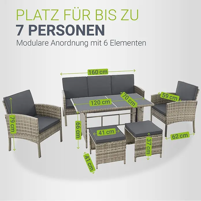 Juskys Loungemöbel-Set Turin - 6 -tlg., Geflecht: Polyrattan; Tischplatte: Gehärtetes Glas; Gestell: Stahl; Bezüge: 100 % Polyester; Polster: 80 % Schaumstoff, 20 % Weichfasern, Farbe Sitzgarnitur: Dunkelgrau; Bezüge: Hellgrau; Glas: SchwarzAnzahl Sitzplätze: 7Belastbarkeit: 480 kg Bank; 160 kg je Stuhl & HockerKissenbezüge: Abnehmbar & waschbar, Grau - Modulares Gartenmöbel-Set in Rattanoptik mit dunkelgrauen Kissen. 6 Elemente bieten Platz für 7 Personen.