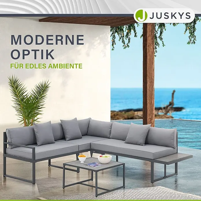 Juskys Loungemöbel-Set St. Tropez - 2 -tlg., Gestell: Stahl (pulverbeschichtet); Auflagefläche & Tischplatte: Holz (Akazienholz); Polster: Schaumstoff, Bezug aus Stoff (100 % Polyester) waschbar, Farbe Gestell: DunkelgrauFarbe Auflagefläche & Tischplatte: NaturFarbe Bezüge: HellgrauEinsatzbereich: Garten, Balkon, TerrasseAnzahl Sitzplätze: Für 4 PersonenMax. Belastbarkeit: 2-Sitzer: 320 kg; 3-Sitzer: 480 kgAnzahl Kissen: 6 Rückenkissen, 2 Sitzkissen, 3 Dekokissen, grau - Moderne L-förmige Outdoor-Lounge-Gruppe mit grauem Metallgestell, Polstern und passendem Couchtisch.