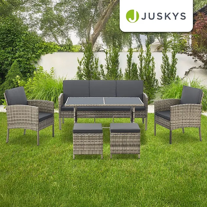 Juskys Loungemöbel-Set Turin - 6 -tlg., Geflecht: Polyrattan; Tischplatte: Gehärtetes Glas; Gestell: Stahl; Bezüge: 100 % Polyester; Polster: 80 % Schaumstoff, 20 % Weichfasern, Farbe Sitzgarnitur: Dunkelgrau; Bezüge: Hellgrau; Glas: SchwarzAnzahl Sitzplätze: 7Belastbarkeit: 480 kg Bank; 160 kg je Stuhl & HockerKissenbezüge: Abnehmbar & waschbar, Grau - Rattan-Gartenmöbelset mit grauen Kissen: Sofa, 2 Stühle, 2 Hocker und Tisch, ideal für den Außenbereich.