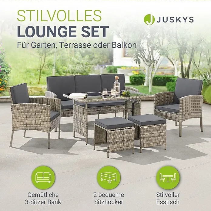 Juskys Loungemöbel-Set Turin - 6 -tlg., Geflecht: Polyrattan; Tischplatte: Gehärtetes Glas; Gestell: Stahl; Bezüge: 100 % Polyester; Polster: 80 % Schaumstoff, 20 % Weichfasern, Farbe Sitzgarnitur: Dunkelgrau; Bezüge: Hellgrau; Glas: SchwarzAnzahl Sitzplätze: 7Belastbarkeit: 480 kg Bank; 160 kg je Stuhl & HockerKissenbezüge: Abnehmbar & waschbar, Grau - Polyrattan-Lounge-Set mit dunkelgrauen Kissen für Garten/Terrasse: 3-Sitzer-Sofa, 2 Sessel, Esstisch, 2 Hocker auf Terrasse.