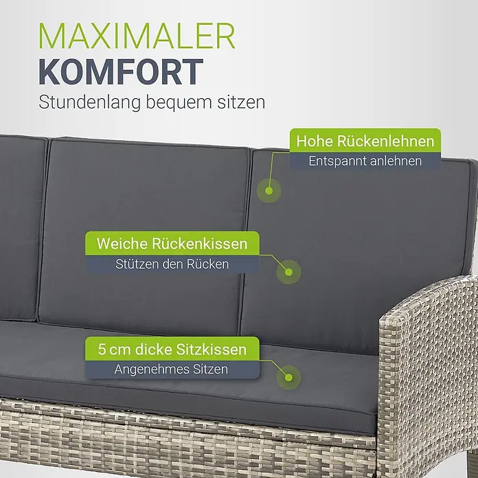 Juskys Loungemöbel-Set Turin - 6 -tlg., Geflecht: Polyrattan; Tischplatte: Gehärtetes Glas; Gestell: Stahl; Bezüge: 100 % Polyester; Polster: 80 % Schaumstoff, 20 % Weichfasern, Farbe Sitzgarnitur: Dunkelgrau; Bezüge: Hellgrau; Glas: SchwarzAnzahl Sitzplätze: 7Belastbarkeit: 480 kg Bank; 160 kg je Stuhl & HockerKissenbezüge: Abnehmbar & waschbar, Grau - Nahaufnahme eines grau gepolsterten Outdoor-Sofas mit hellem Geflechtrahmen, dicken Kissen und hohen Rückenlehnen für maximalen Komfort.
