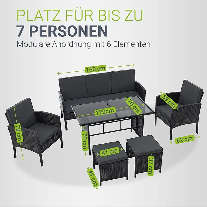 Juskys Loungemöbel-Set Turin - 6 -tlg., Geflecht: Polyrattan; Tischplatte: Gehärtetes Glas; Gestell: Stahl; Bezüge: 100 % Polyester; Polster: 80 % Schaumstoff, 20 % Weichfasern, Farbe Sitzgarnitur: Schwarz; Bezüge: Dunkelgrau; Glas: SchwarzAnzahl Sitzplätze: 7Belastbarkeit: 480 kg Bank; 160 kg je Stuhl & HockerKissenbezüge: Abnehmbar & waschbar, Schwarz - Dunkelgraue Rattan-Gartensitzgruppe für 7 Personen mit Sofa, Sesseln, Tisch und Hockern.