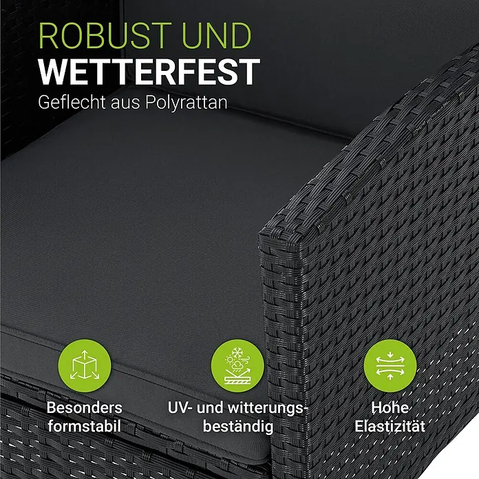 Juskys Loungemöbel-Set Turin - 6 -tlg., Geflecht: Polyrattan; Tischplatte: Gehärtetes Glas; Gestell: Stahl; Bezüge: 100 % Polyester; Polster: 80 % Schaumstoff, 20 % Weichfasern, Farbe Sitzgarnitur: Schwarz; Bezüge: Dunkelgrau; Glas: SchwarzAnzahl Sitzplätze: 7Belastbarkeit: 480 kg Bank; 160 kg je Stuhl & HockerKissenbezüge: Abnehmbar & waschbar, Schwarz - Dunkelgrauer geflochtener Polyrattan-Sessel für den Außenbereich mit passendem Kissen, robust und wetterfest.