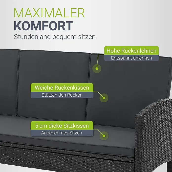 Juskys Loungemöbel-Set Turin - 6 -tlg., Geflecht: Polyrattan; Tischplatte: Gehärtetes Glas; Gestell: Stahl; Bezüge: 100 % Polyester; Polster: 80 % Schaumstoff, 20 % Weichfasern, Farbe Sitzgarnitur: Schwarz; Bezüge: Dunkelgrau; Glas: SchwarzAnzahl Sitzplätze: 7Belastbarkeit: 480 kg Bank; 160 kg je Stuhl & HockerKissenbezüge: Abnehmbar & waschbar, Schwarz - Dunkelgraues Rattan-Gartensofa mit dicken Sitz- und Rückenkissen für bequemes Sitzen.