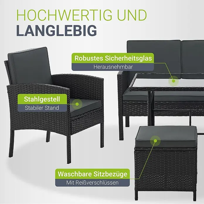 Juskys Loungemöbel-Set Turin - 6 -tlg., Geflecht: Polyrattan; Tischplatte: Gehärtetes Glas; Gestell: Stahl; Bezüge: 100 % Polyester; Polster: 80 % Schaumstoff, 20 % Weichfasern, Farbe Sitzgarnitur: Schwarz; Bezüge: Dunkelgrau; Glas: SchwarzAnzahl Sitzplätze: 7Belastbarkeit: 480 kg Bank; 160 kg je Stuhl & HockerKissenbezüge: Abnehmbar & waschbar, Schwarz - Schwarzes Polyrattan Gartenmöbel-Set mit dunklen Kissen, Stahlrahmen und abnehmbarer Sicherheitsglasplatte.