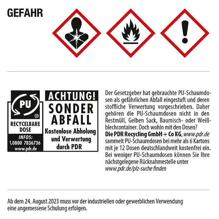 IsolBau 2K-Montageschaum 1 x Bauschaum 2K - 400 ml - Gefahren- und Entsorgungshinweise für PU-Schaumdosen: Symbole für Gesundheitsgefahr, Entzündlichkeit, Warnung und Recyclinginformationen.
