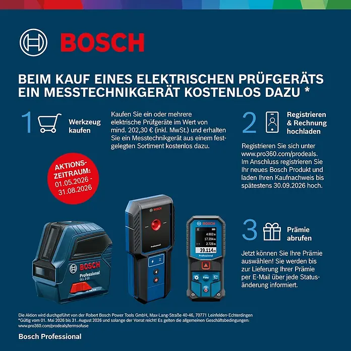 Bosch Professional Stromzange GFM 1000-15 - 1.000 V, Blau, Schwarz - Drei blau-schwarze Bosch Professional elektrische Messgeräte: ein Kreuzlinienlaser, ein Ortungsgerät und ein Laserentfernungsmesser.