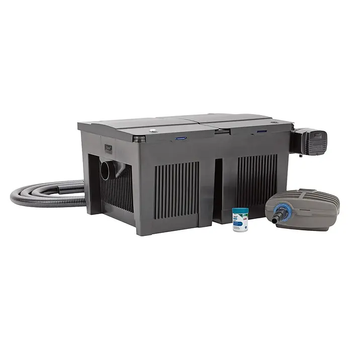 Oase Durchlauffilter-Set BioSmart 36000 - 100 W, Fördermenge pro Std.: 11.500 l - Dunkelgraues Teichfiltersystem mit Pumpe, Schlauch und Wasserbehandlung.