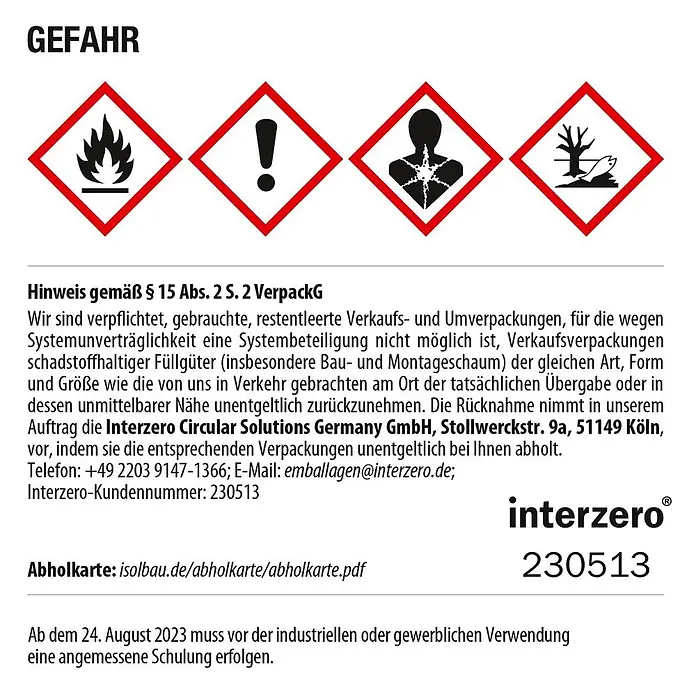 IsolBau Klebeschaum Profi Dämmstoffkleber 3 x 750 ml - 750 ml - Produktwarnetikett mit vier GHS-Gefahrenpiktogrammen (entzündlich, reizend, Gesundheitsgefahr, Umweltgefahr) und deutschem Text zur Verpackungsrückgabe.