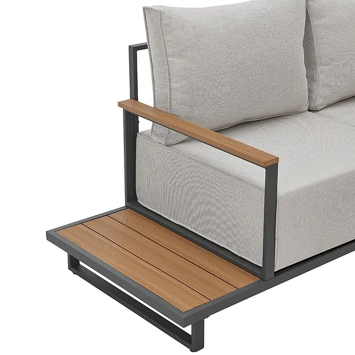 SVITA Loungemöbel-Set MALIBU Modulare Outdoor Lounge - 6 -tlg., 50 % Polyester, 50 % Stahl, Beige, Grau - Gartenecksofa mit hellgrauen Kissen, dunkelgrauem Metallrahmen und integrierter Holzarmlehne sowie Ablage.