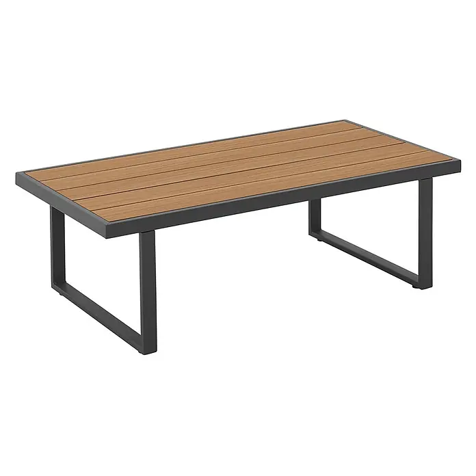 SVITA Loungemöbel-Set MALIBU Modulare Outdoor Lounge - 6 -tlg., 50 % Polyester, 50 % Stahl, Beige, Grau - Rechteckiger Couchtisch mit hellbrauner Holzlattenplatte und dunkelgrauem Metallrahmen und -beinen.