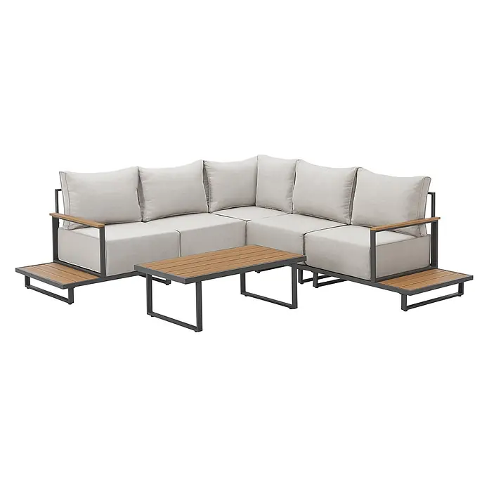 SVITA Loungemöbel-Set MALIBU Modulare Outdoor Lounge - 6 -tlg., 50 % Polyester, 50 % Stahl, Beige, Grau - L-förmiges Outdoor-Sofa mit hellgrauen Kissen, dunkelgrauem Rahmen, Holzarmlehnen & Beistelltischen sowie passendem Couchtisch.