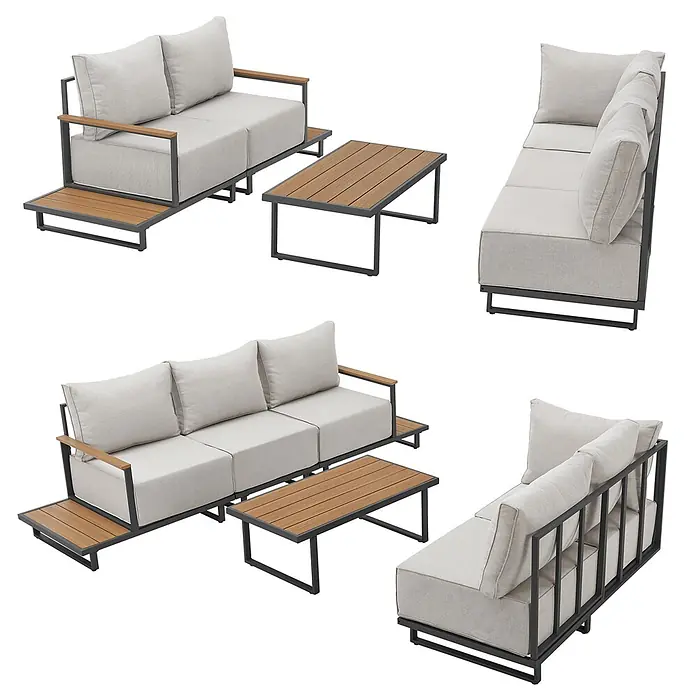 SVITA Loungemöbel-Set MALIBU Modulare Outdoor Lounge - 6 -tlg., 50 % Polyester, 50 % Stahl, Beige, Grau - Modulares Outdoor-Sofa-Set mit hellgrauen Kissen, dunklem Metallrahmen und Beistelltischen/Couchtisch in Holzoptik.