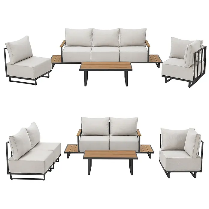 SVITA Loungemöbel-Set MALIBU Modulare Outdoor Lounge - 6 -tlg., 50 % Polyester, 50 % Stahl, Beige, Grau - Modulares Outdoor-Sofaset mit hellgrauen Polstern, schwarzen Metallrahmen, Holzarmlehnen/Beistelltischen und passendem Couchtisch.