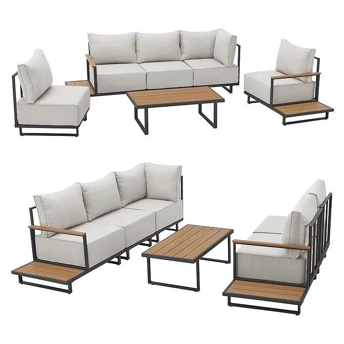SVITA Loungemöbel-Set MALIBU Modulare Outdoor Lounge - 6 -tlg., 50 % Polyester, 50 % Stahl, Beige, Grau - Modulares Outdoor-Loungeset mit hellgrauen Kissen, schwarzem Metallrahmen und Tischen in Holzoptik.