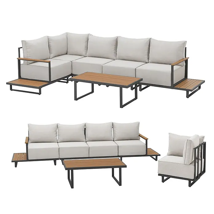 SVITA Loungemöbel-Set MALIBU Modulare Outdoor Lounge - 6 -tlg., 50 % Polyester, 50 % Stahl, Beige, Grau - Modulares Outdoor-Sofa-Set mit hellgrauen Polstern, dunklem Metallrahmen und holzfarbenen Lamellentischen.
